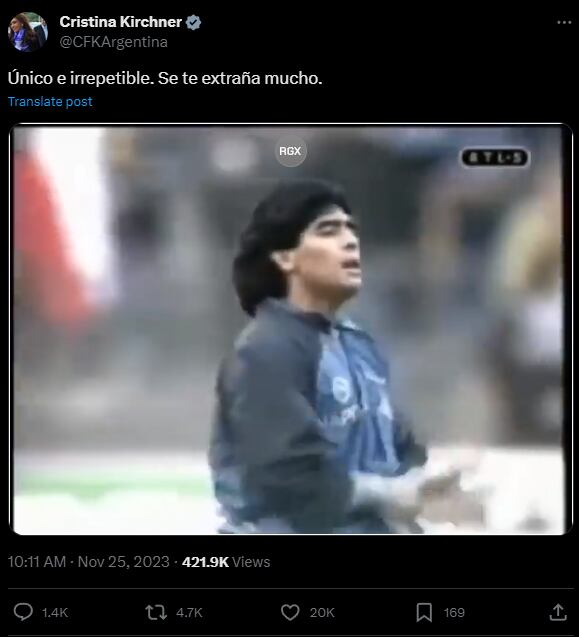 El posteo de Cristina Kirchner tras conmemorarse tres años de la partida de Maradona. Foto Captura: X / @CFKArgentina