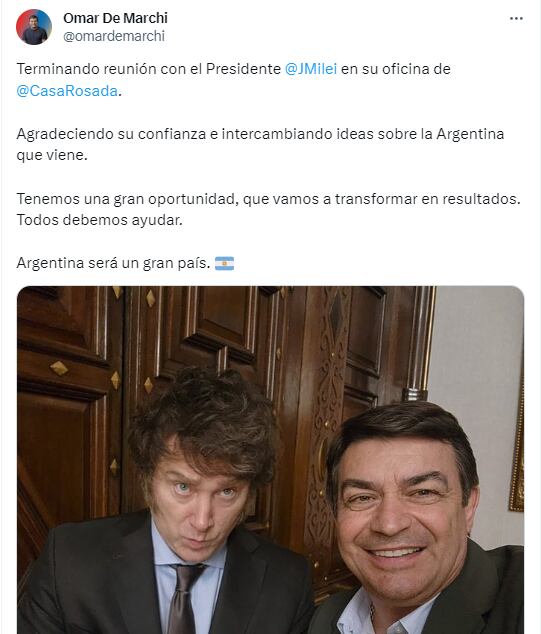 Omar De Marchi fue recibido por el presidente Javier Milei