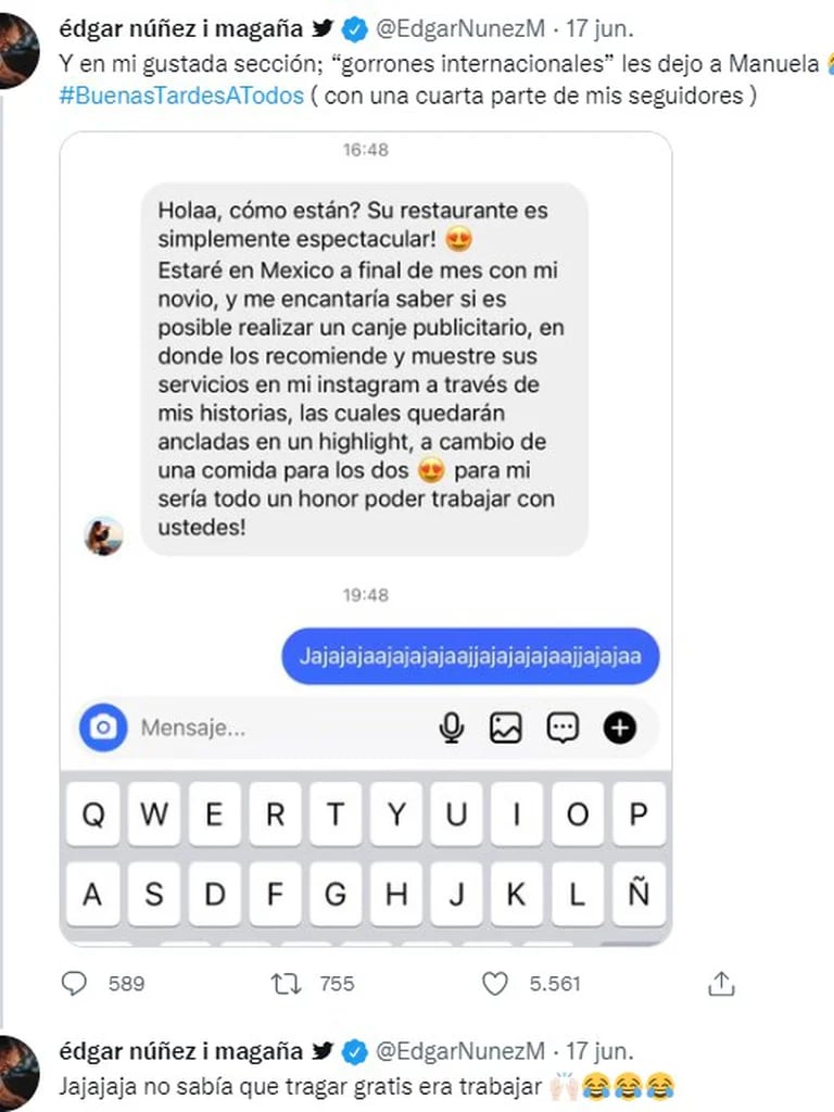 La burla de Edgar Núñez al pedido de la influencer