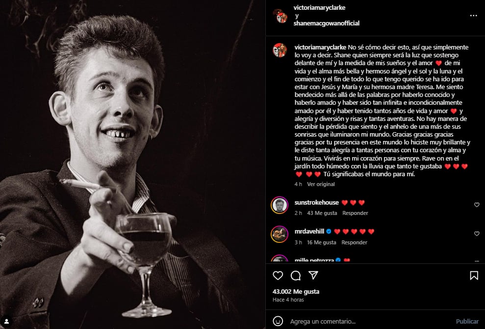 Las palabras de despedida de la esposa de Shane MacGowan en Instagram. Foto: captura.