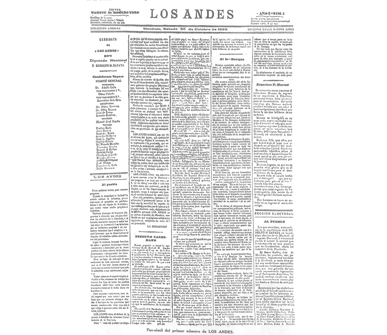 Primera edición de Los Andes, 20 de octubre de 1883.