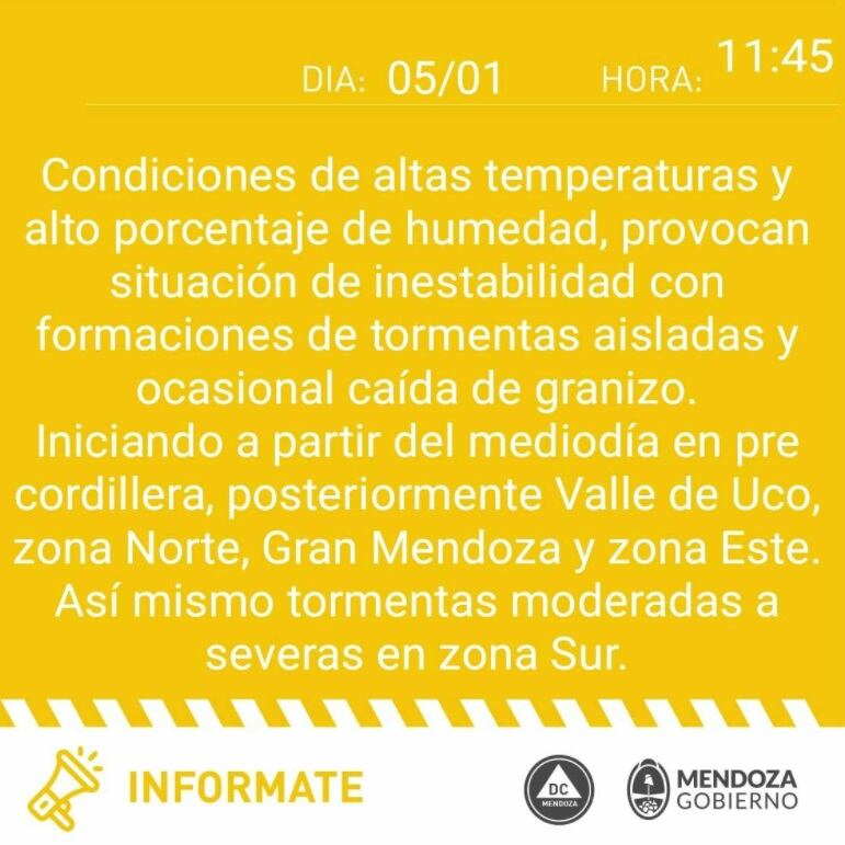 Alerta de Defensa Civil por tormenta en Mendoza (miércoles 5 de enero)