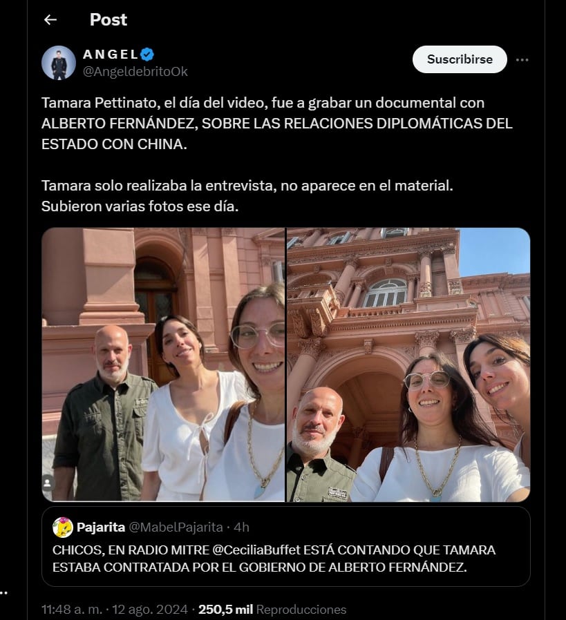 Ángel de Brito compartió imágenes de  fotos de Tamara Pettinato en Casa Rosada en la previa de su encuentro íntimo con Alberto Fernández. Captura de Twitter.