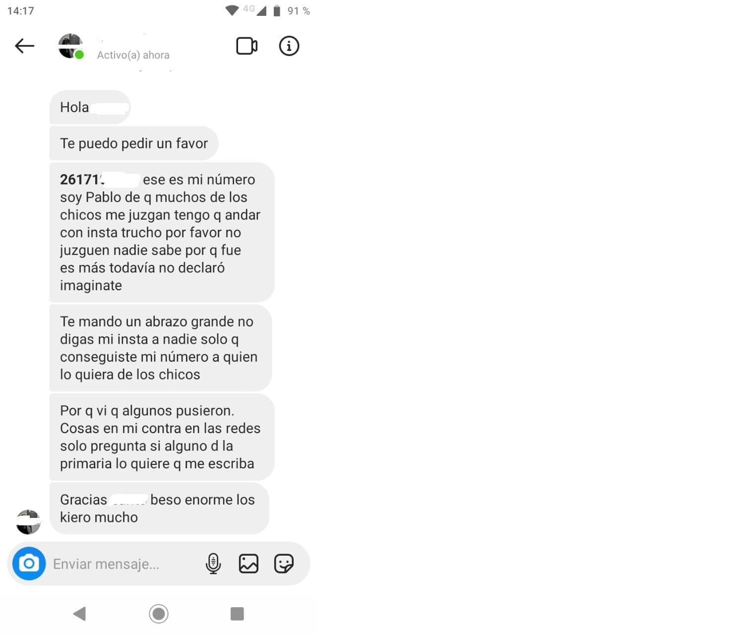 la conversación de Instagram que se filtró. Sería de Pablo Arancibia desde la cárcel. / gentileza 