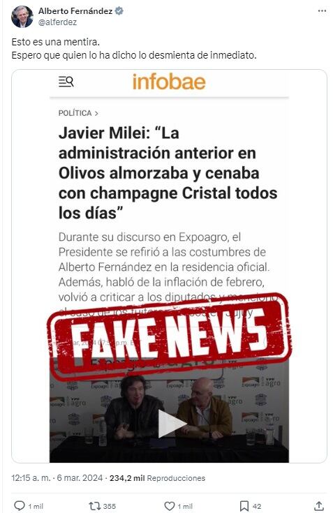 Milei dijo que Alberto Fernández tomaba champagne Cristal todos los días. Era mentira.