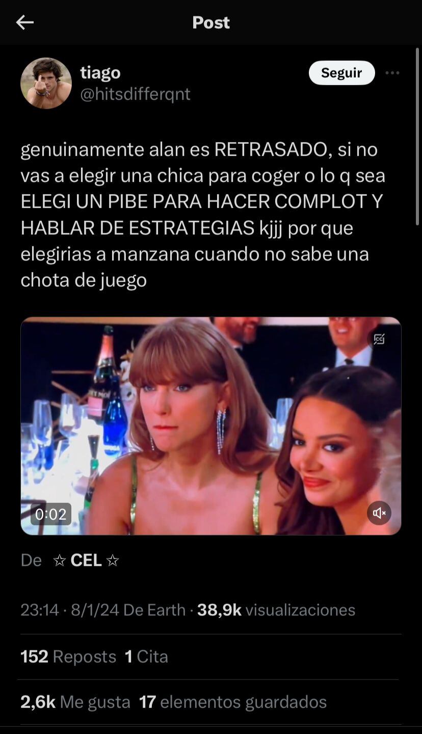 Alan, el blanco de memes por elegir a Manzana para una noche romántica en Gran Hermano. Captura de pantalla.