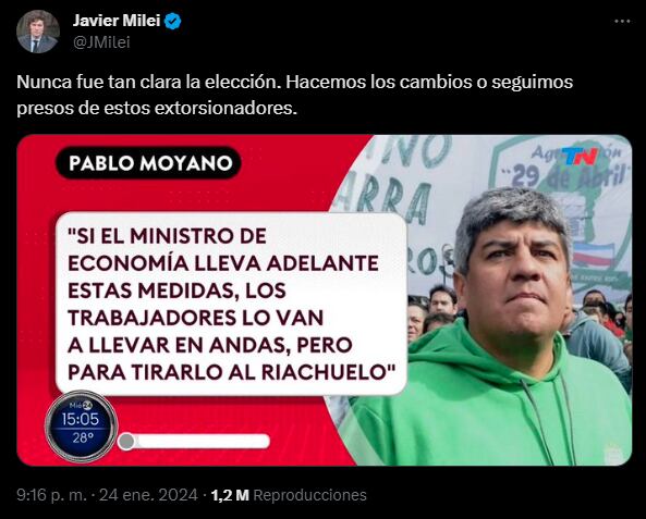 Milei cruzó a Pablo Moyano por pedir “tirar al Riachuelo” a Caputo