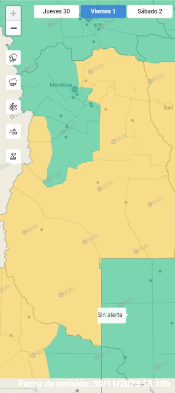 Nueva alerta amarilla por tormentas en Mendoza para este viernes 01/12/2023 Foto: SMN