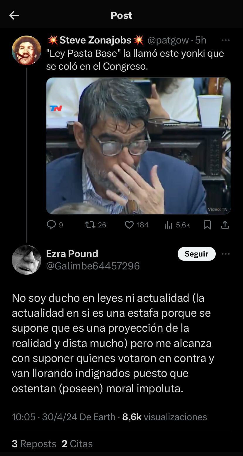 La ironía de Andrés Calamaro sobre la Ley Bases. Captura de pantalla de X.