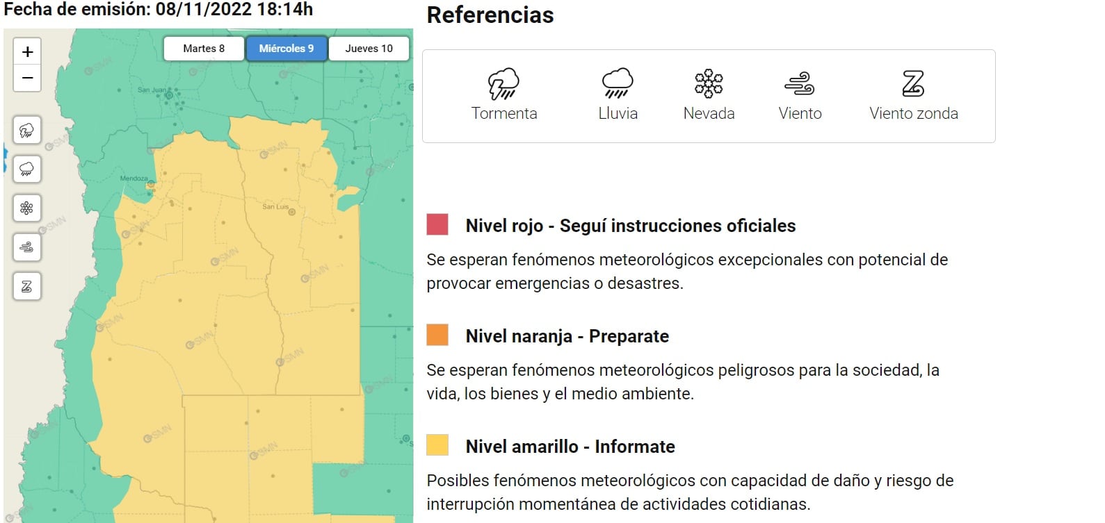 Las zonas afectadas por la alerta amarilla para el día miércoles 9 de noviembre.