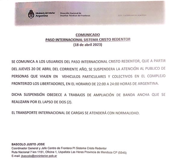 El Paso a Chile estará cerrado por dos horas este jueves: los motivos. Foto: Coordinación Paso Internacional Cristo Redentor