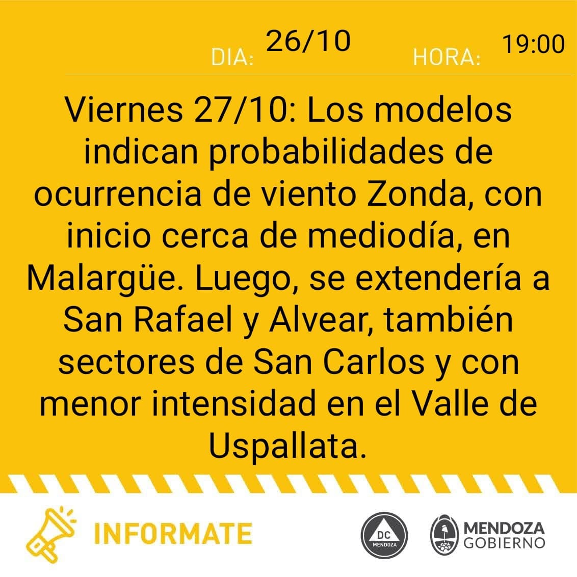 Alerta amarilla por viento zonda en departamentos al sur de Mendoza para este viernes 27/10. Foto: Defensa Civil.