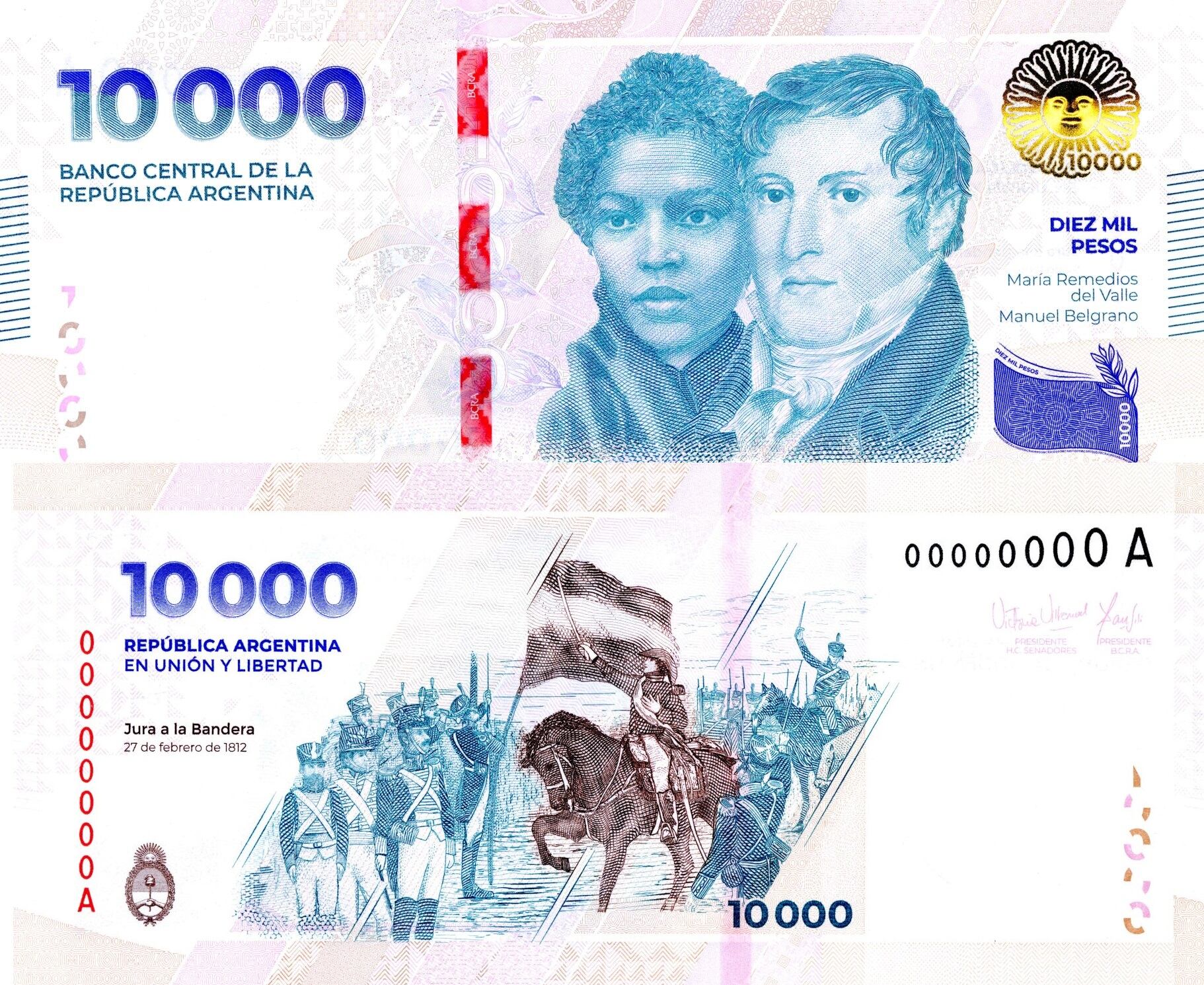 El nuevo billete de $10.000 con Manuel Belgrano y María Remedios del Valle (BCRA)