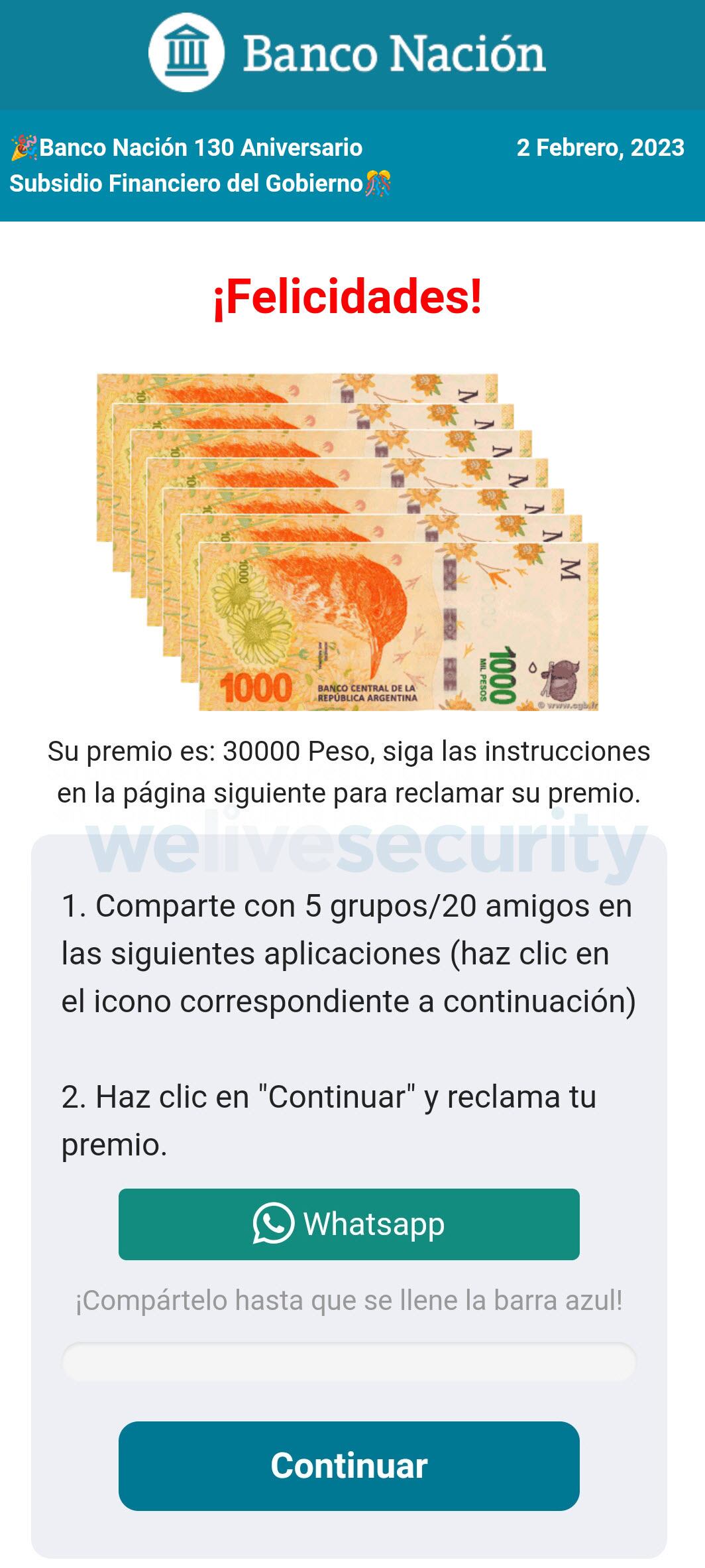 Los estafadores buscan tentar a las personas con falsos subsidios de 30.000 pesos. - Foto ESET