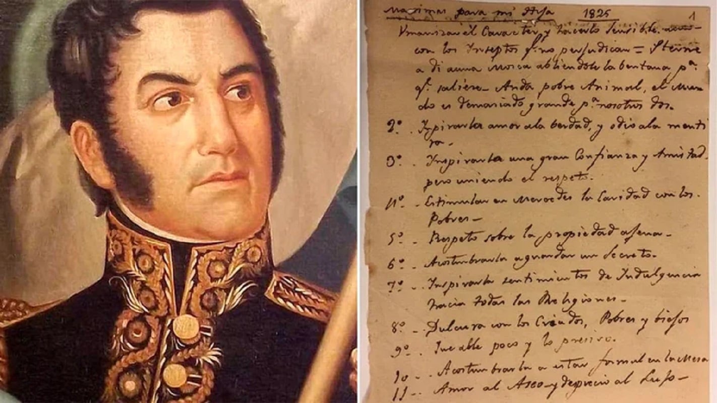 El manuscrito de San Martín con las máximas para Merceditas (Archivo)