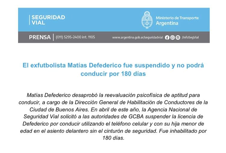 Matías Defederico fue inhabilitado a conducir por 180 días. / Gentileza.