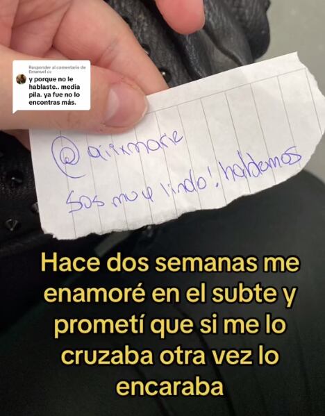 El pedazo de papel con el que Aixa le confesó su amor a su enamorado del tren. Foto: Captura video / @aiixmarie en TikTok