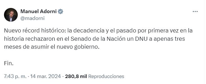 La reacción de Adorni al rechazo del DNU - X