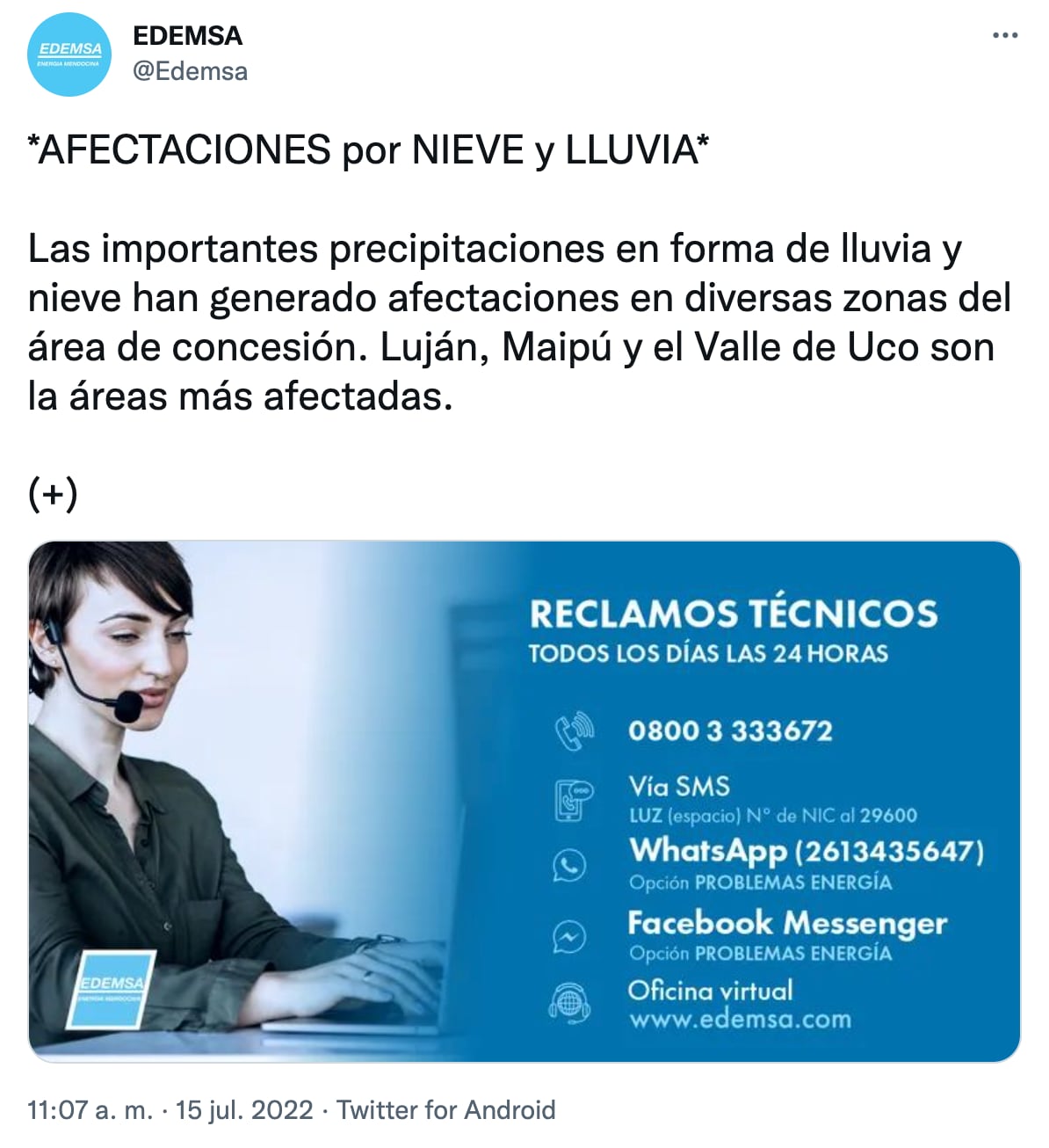 Información de Edemsa sobre cortes de energía por temporal