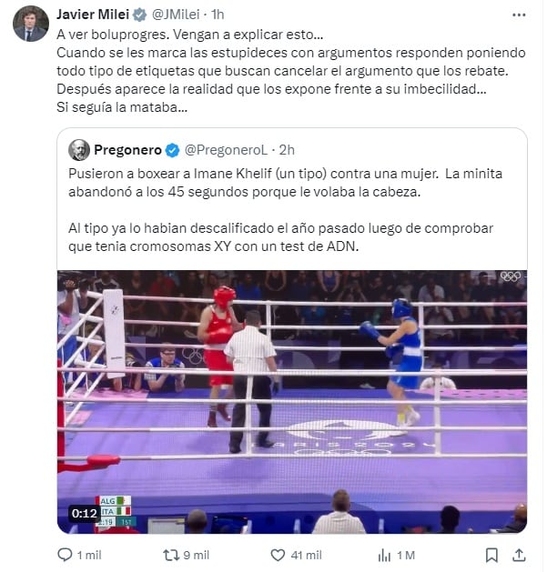 Milei se metió en el escándalo de la boxeadora Imane Khelif (X)