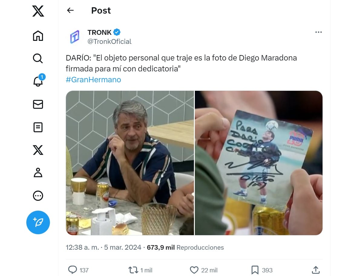 El objeto preciado que Darío ingresó a la casa de Gran Hermano. Captura de pantalla.