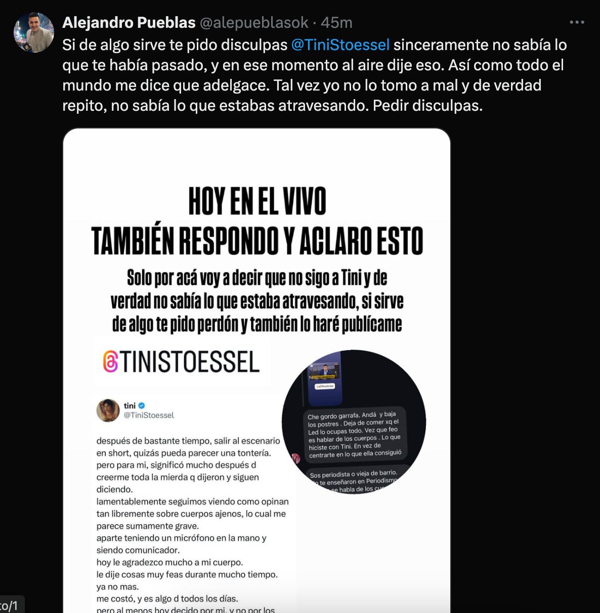 La respuesta de Alejandro Puebla a Tini Stoessel. (Foto: captura de pantalla)