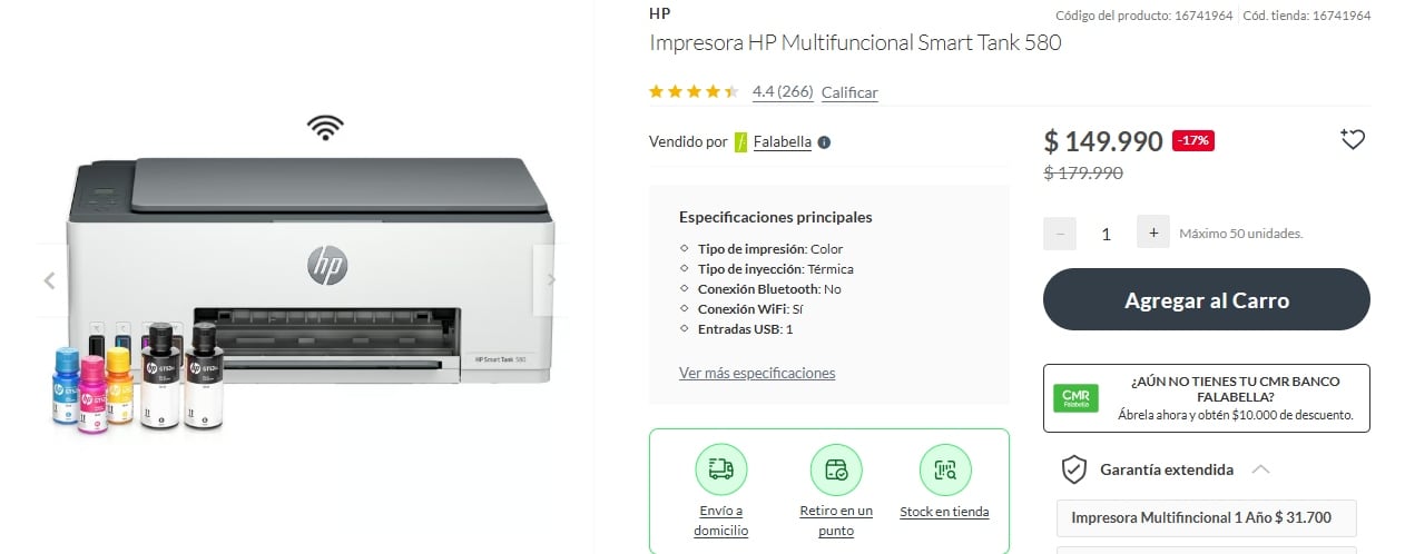 La tienda de Falabella ofrece una impresora HP Multifuncional Smart Tank 580 a un precio promocional de $149.990 chilenos.