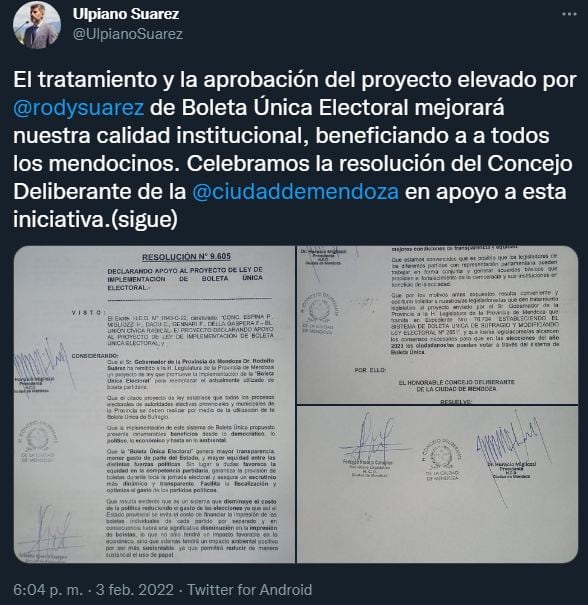 Ulpiano Suárez respaldó la aprobación del proyecto de Boleta Única.