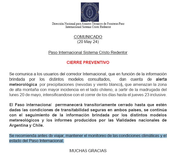 Comunicado sobre el cierre preventivo Paso Cristo Redentor.