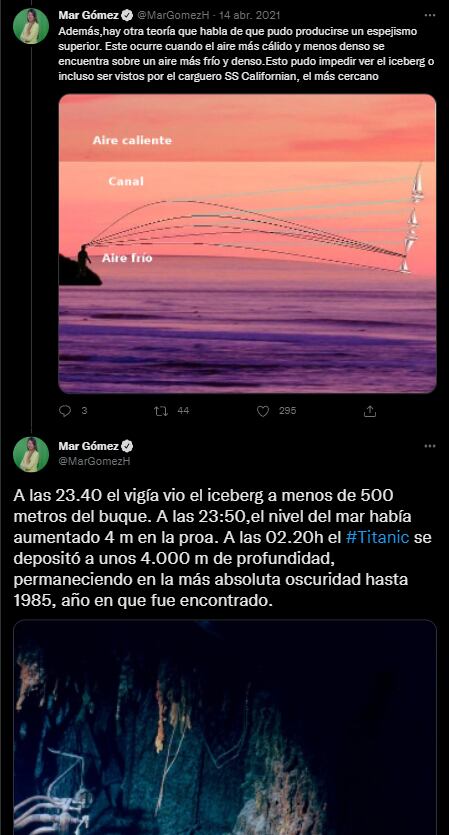 A 110 años del hundimiento Titanic, ¿por qué fue imposible avistar el iceberg antes?. Twitter @MarGomezH.