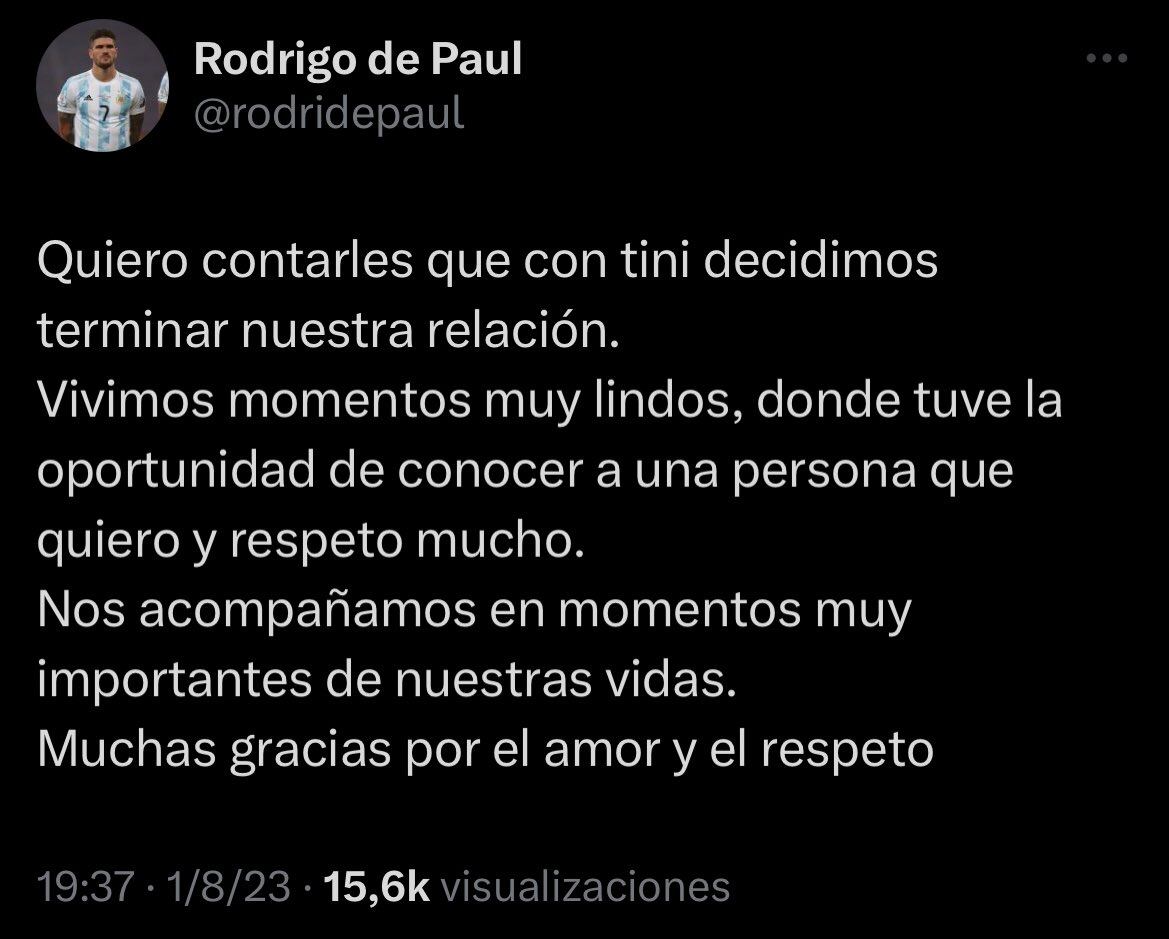 El posteo de Rodrigo de Paul para anunciar la separación.