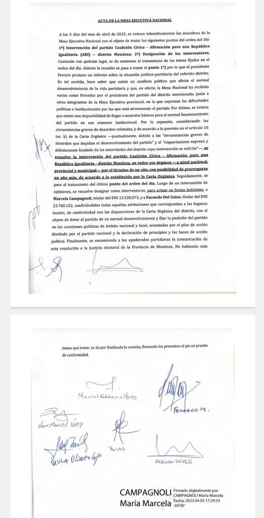 El escrito que llegó a Mendoza con la decisión de la intervención de la Coalición Cívica en Mendoza.