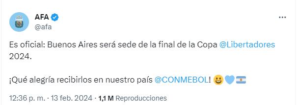 La Asociación del Fútbol Argentino (AFA) anunció este martes que Argentina albergará la final de la Copa Libertadores 2024 - X