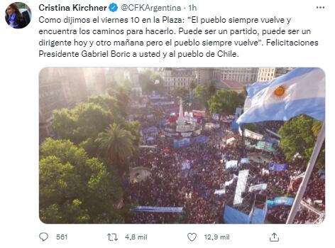 El mensaje de CFK para Gabriel Boric.