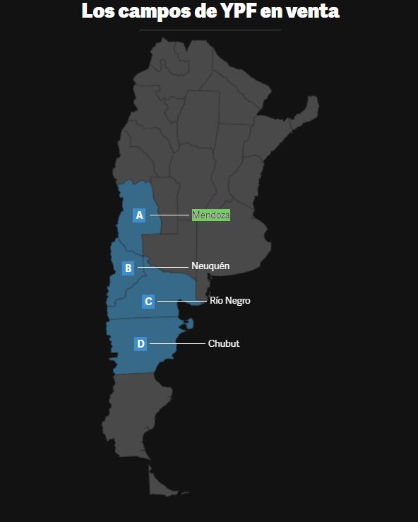 Campos en venta por YPF. Captura: Clarín