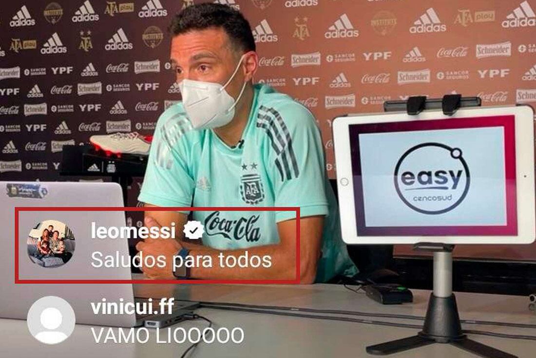 Lionel Messi, delantero y capitán de la selección argentina, se conectó al vivo de Instagram de la cuenta de la selección argentina mientras el DT Lionel Scaloni daba una conferencia de prensa. (Captura de imagen)