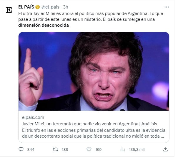 Medios internacionales reaccionaron al triunfo de Javier Milei en las elecciones PASO 2023 (El País, España)