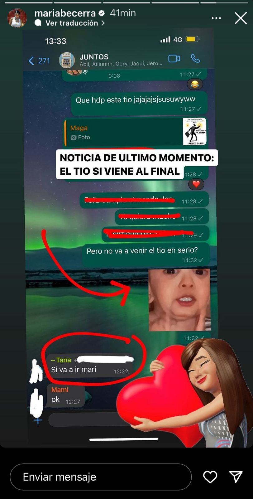 La divertida reacción de María Becerra al ver a su tío en televisión. Captura de pantalla.