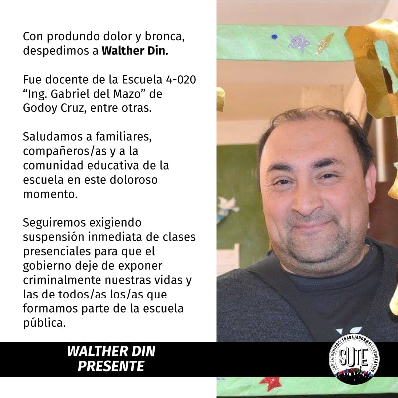 El duro comunicado del SUTE sobre la muerte del docente, Walter Din.