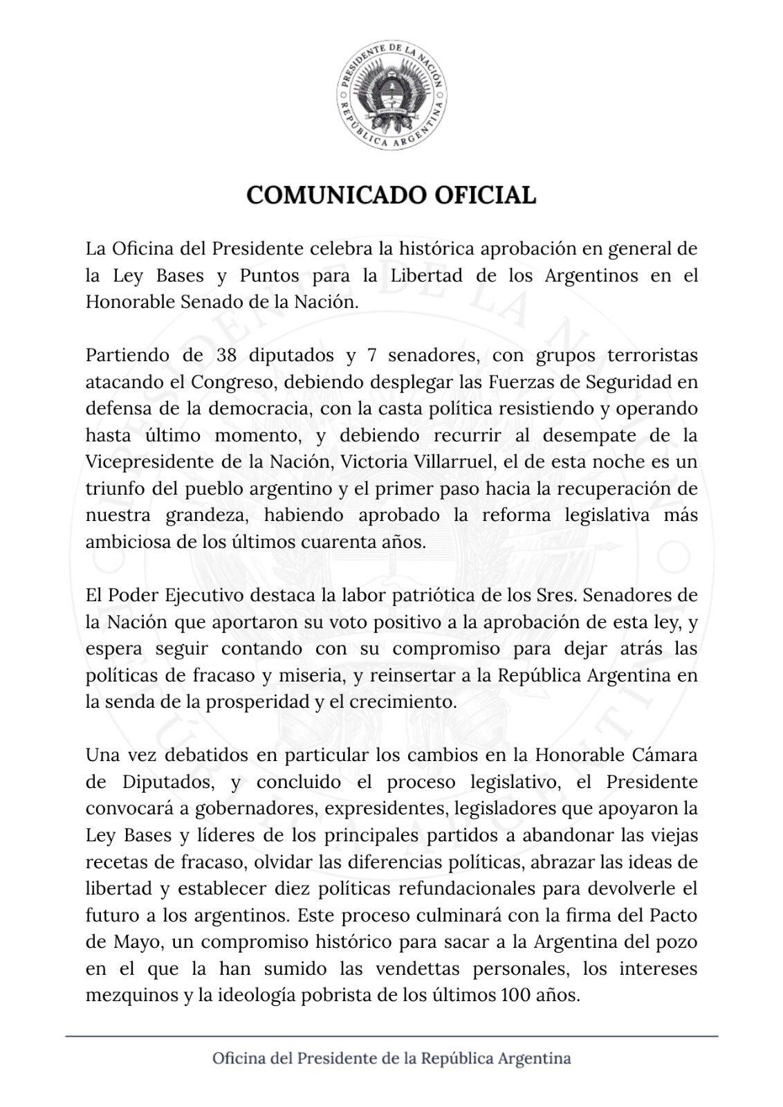 Tras la aprobación en general de la Ley Bases, el Ejecutivo celebró la sanción a través de un comunicado. X