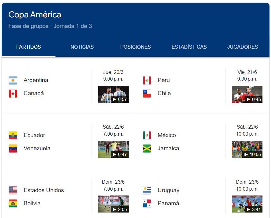 Funciones de Google para seguir la Copa América.