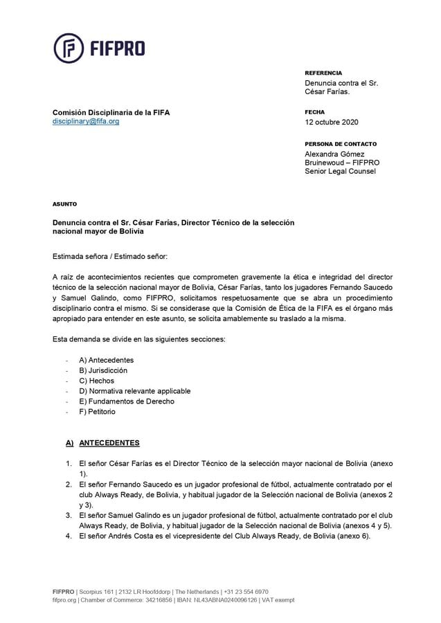 La Federación Internacional de Futbolistas Profesionales acusa al DT.