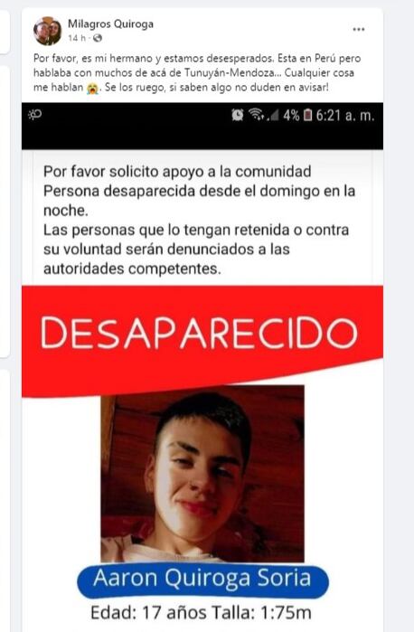 Buscan a un menor oriundo de Tunuyán que desapareció en Perú.