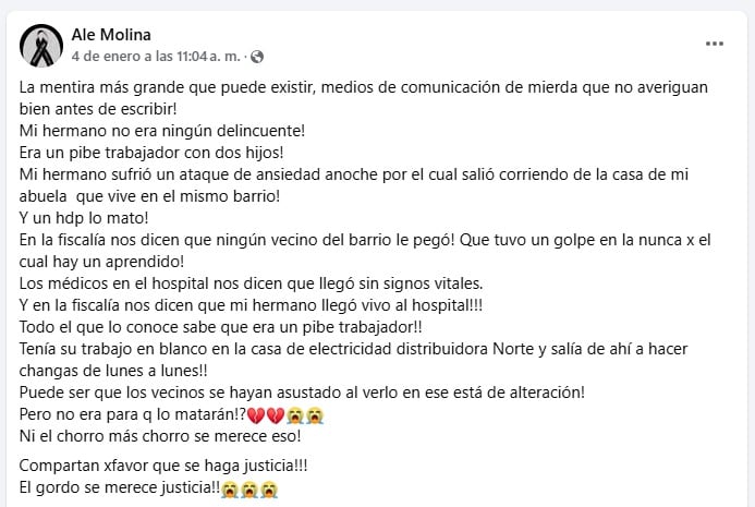 El posteo de la hermana de Renzo Molina, fallecido en Guaymallén (Facebook)