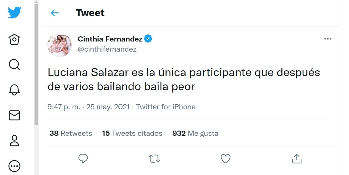 El tweet de Cinthia Fernández contra Luciana Salazar.