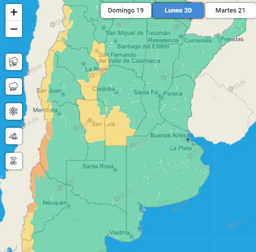 Rige alerta amarilla y naranja para el oeste mendocino. Gentileza: SMN.