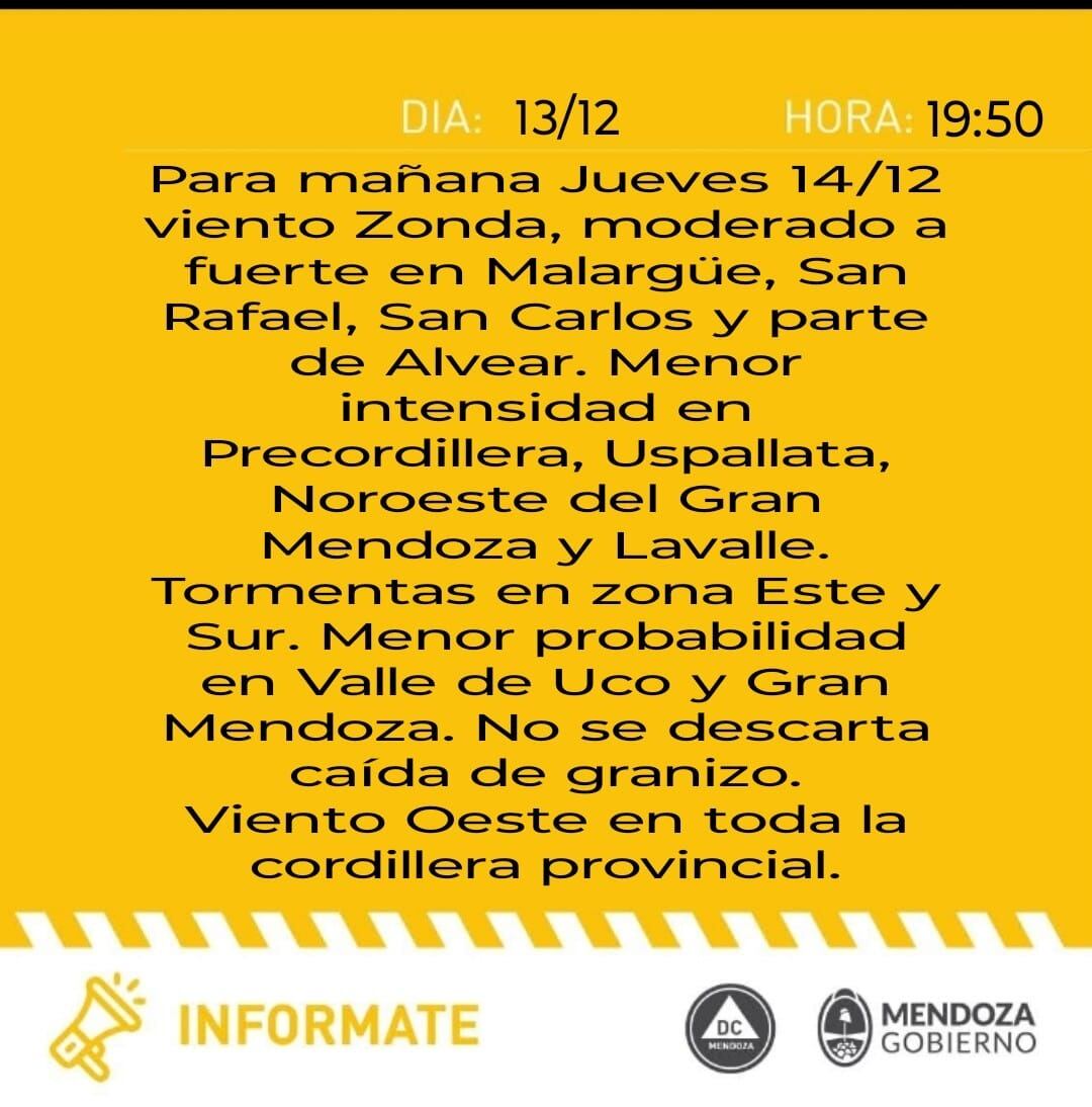 Alerta amarilla por Zonda de Defensa Civil para el jueves 14/12.