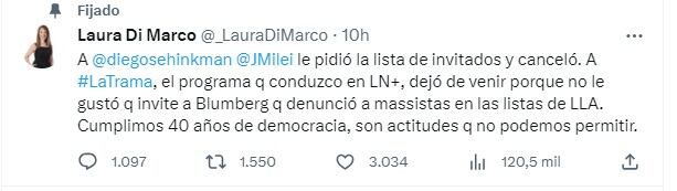 Laura Di Marco apoyó a Diego Sehinkman en su denuncia contra Javier Milei (X)