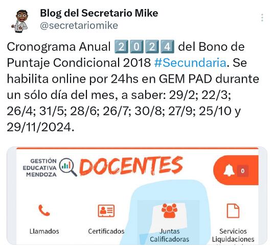 Cronograma del Bono de Puntaje Condicional para el año 2024. Captura: X / @secretariomike