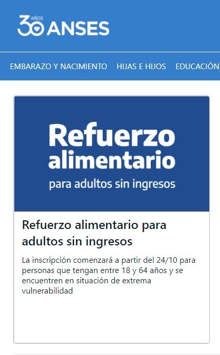 Cómo inscribirse al refuerzo alimentario de $45.000 de Anses (Captura)